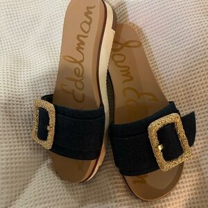 Sam Edelman Dark Denim Sandals with Gold Buckle